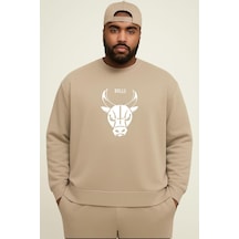 Benroma 3 İplik Penye Chıcago Bulls Baskılı Büyük Beden Unisex Sweatshırt Bej