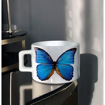 Mavi Kelebek Tasarım Baskılı Beyaz Çay-Kahve Fincanı
