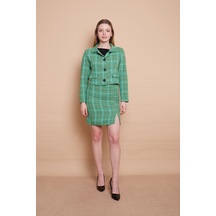 Önü Düğmeli Cep Kapaklı Tüvit Blazer Kısa Ceket-yeşil Ekose Yeşil Eks.