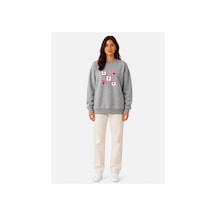 Herkesemoda Kalp Baskı Detaylı Şardonlu 2 İplik Bisiklet Yaka Sweatshirt Gri
