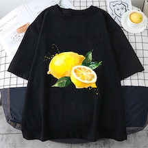 Tarzsokak Beyaz Meyve Nar Harajuku Karikatür Limon Baskı Beyaz Eğilim O-boyun Anlar Rah Siyah