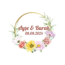 Sade Çiçekli Altın Çelenk Etiketi Kına Nişan Düğün 3x3 Cm Özel Etiket / 50 Adet Sticker Beyaz