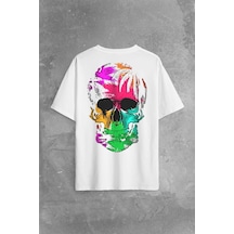 Rengarenk Kafatası Skull Head Gökkuşağı Renkleri Sırt Ön Baskılı Oversize Tişört Unisex T-shirt 001