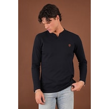 V Yaka Yırtmaç Detaylı Uzun Kollu T-shirt Koyu Lacivert