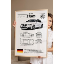 Bmw 2 Serisi Tablo - Teknik Özellikli Alman Spor Coupe Poster - Çerçeveli Duvar Dekoru - Blueprint Kayın