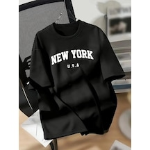 Primemagazam Kadın New York Baskılı Tişört Kısa Kol Bisiklet Yaka T-shirt - Siyah Çeşitli