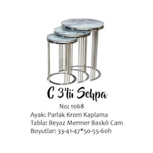 Bengi Brc C Zigon Sehpa C 3'lü 1068 Beyaz Mermer Desen Metal Parlak Krom Ayak El Yapım
