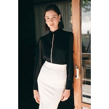 Sateen Nervür Detaylı Bluz - Siyah-136741 Siyah