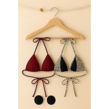 Kadın Leopar Desenli Ve Bordo Minimal Kesim Üçgen Bikini Üstü