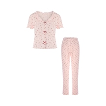 Koza İç Giyim Kadın Kısa Kollu Fiyonklu İndigo Fitilli Pijama Takımı Kk30131 Pembe