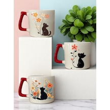 Kedi Ve Çiçek Baskılı Kırmızı Kulplu 3'lü Kupa Bardak Seramik Kahve Bardağı Beyaz