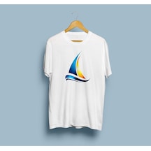 Oversize Yelkenli Çizim Tasarım Unisex T-shirt Beyaz