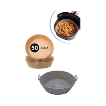Renkli Silikon Airfryer Gri Yuvarlak Pişirme Matı 20 Cm Ve 50 Adet Pişirme Kağıdı Plastik Beyaz Diğer