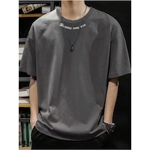 Dreams Yaka Detay Süprem T-shirt - Füme Baskılı Oversize Bisiklet Yaka Tişört Füme