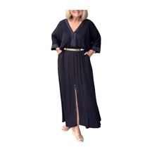 Kadın Elbise Üç Çeyrek Kollu V Yaka Saf Renk Yırtmaçlı Etek Gevşek Siyah Kadın Elbise Üç Çeyrek Kollu V Yaka Saf Renk Yırtmaçlı Etek Gevşek Siyah