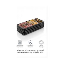 12 Adet 16x35 Cm Melamin Baton Servis Sunum Tabağı Makinede Yıkanabilir Dikdörtgen Mimoza Siyah