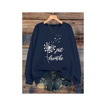 Herkesemoda Yazı Baskılı 2 İplik Şardonlu Bisiklet Yaka Sweatshirt Lacivert