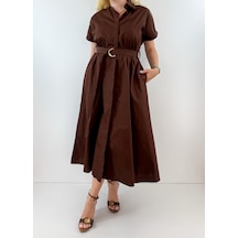Modaonna Koyu Kahve Kemerli Gömlek Elbise