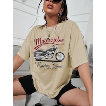 Unisex Vizon Pamuklu Oversize T-shirt Motorsiklet Baskılı Vizon