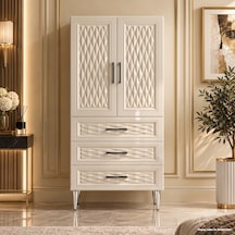 Cannes Çok Amaçlı Dolap 60 Cm 2 Kapak 3 Çekmece Parlak Krem - Çok Amaçlı Kiler Dolabı Bej