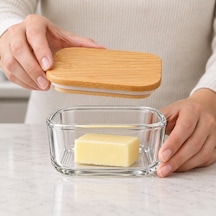 Bambu Kapaklı Borosilikat Cam Kavanoz 10 6 Cm, Kare Formlu Şeffaf Tereyağlık, Kahvaltılık Ve Kuru Gıda Saklama Kabı, Mutfak Düzenleyici, 1 Adet Çok Renkli