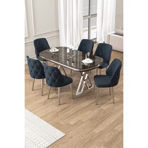 Canisa Afe Serisi 90x168 Lak Panel Antrasit Ironi Krom Ayak Masa Takımı 6 Antrasit Sandalye Siyah Mermer Desen Masa Sandalyeler Antrasit