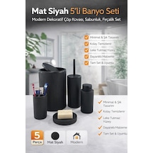 Siyah Çizgili 5 Parça Banyo Seti Çöp Kovası Tuvalet Fırçası Sabunluk Diş Fırçalık