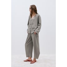 Suud Collection Gri Tess Düğmeli V Yaka Keten Bluz