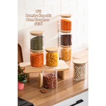 Porsima 1-4 Bambu Borosilikat Vakumlu Kapaklı Yuvarlak Cam 8li Kavanoz Seti Saklama Kabı 750ml 10x12cm