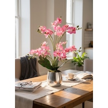 Yapay Çiçek Pembe 9 Dallı Islak Orkide Gümüş Metal Saksıda Saksıda Orkide 60cm Pembe