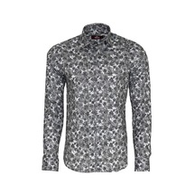 Çiçek Desenli Koyu Gri Slim Fit Gömlek Siyah