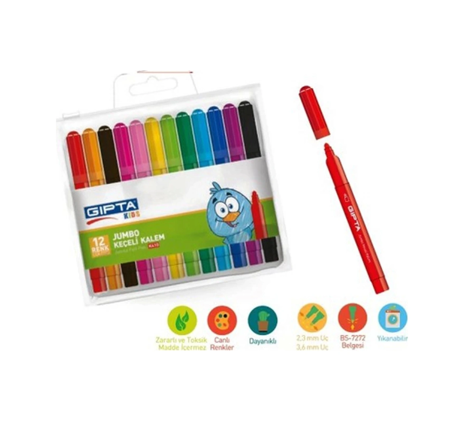 K410 Pvc Çantalı Jumbo Keçeli Boya Kalemi 12'li