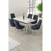 Canisa Nis Serisi 89x150 Açılabilir Lak Panel Beyaz Mermer Krom Ayak Masa Takımı Ve 6 Antrasit Sandalye Masa Beyaz Mermer Sandalye Antrasit Ayaklar Gold