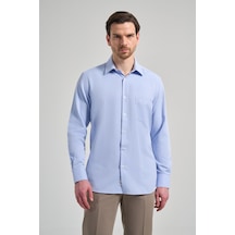 İmza Uzun Kol Desenli Armürlü Sert Yaka Cepli Pamuklu Classic Comfort Fit Gömlek 1004250171 Mavi
