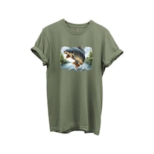 Sıçrayan Sazan Balığı Desenli %100 Pamuk Regular Fit Unisex T-shirt Haki
