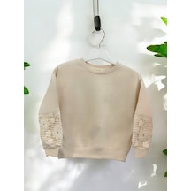 Kız Çocuk Pamuklu İki İplik Kolları Güpür Yuvarlak Yaka Sweatshirt-14464 Bej