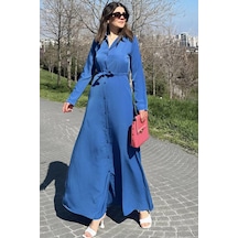 WeShaya Kadın Mavi Kupra Kumaş, Uzun Kol, Beli Kuşaklı, Vucüda Oturan Kalıp, Uzun Gömlek Elbise Indigo