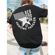 Genuıne Threads Oversize Siyah Baskılı T-shirt - Bisiklet Yaka Kısa Kol Rahat Kalıp Tişört SIYAH