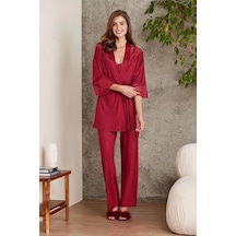 Pierre Cardin 2820 Kadın Bordo Dantelli Penye 3'lü Sabahlıklı Pijama Takım Bordo