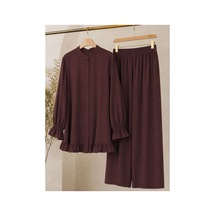 Hira Life Fashion Kadın Çilek Kumaş Dik Yaka Düğmeli Fırfır Detaylı Tesettür Tunik Pantolon İkili Takım Kahverengi Kahverengi