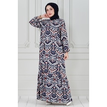 Sevitli Motif Desen Beli Kuşaklı Viskon Elbise-lacivert-3838-lacivert Lacivert