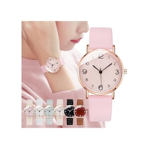 Pembe Lüks Kadın Bilezik Saatler Seti Bayanlar Basit Taklidi Bilezik Izle Moda Zarif Deri Kayış Kuvars Kol Saati Doğum Günü Hediyesi Kadınlar İçin