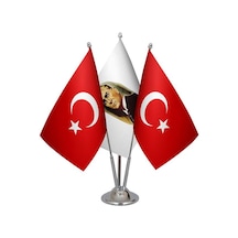 Masa Üstü Atatürk Bayrağı Türk Bayrağı Üçlü Krom Direk Masa Bayra
