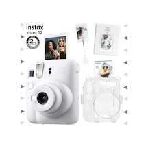 Fujifilm Instax Mini 12 Fotoğraf Makinesi + 10'lu Film + Kıskaçlı Stand + Pvc Albüm + Simli Pleksi Kılıf Seti Beyaz