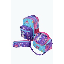 Wia Wıa Sw019 Unicorn - 3' Lü Okul Çantası Seti - Sırt Ve Beslenme Çantası + Kalemlik Mavi - Pembe