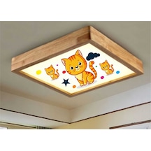 Ahşap Çerçeve Tavan Led Aydınlatma Avize 60X60Cm Kids Kedi Beyaz