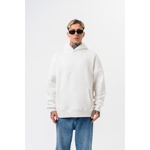 Respire Erkek Süzene Nakış Detaylı Kapüşonlu Oversize Hoodie Ekru