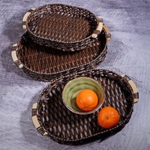 Wicker Serisi 3 Lü Hasır Örme Oval Tepsi Seti