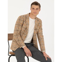 Cacharel Sarı Slim Fit Ekose Yün Karışımlı Spor Ceket Sari