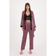 Kadın Üçlü Çizgili Sabahlıklı Pembe Saten Pijama Takımı